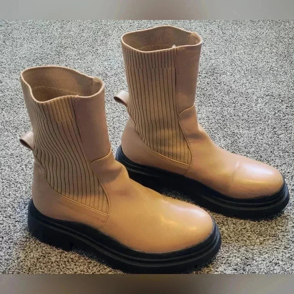 Camel Knitted Panel Wave Sole Chunky Calf High Ankle Boots, womens size 9 - Picture 6 of 12